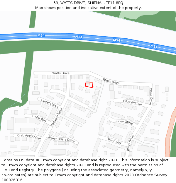 59, WATTS DRIVE, SHIFNAL, TF11 8FQ: Location map and indicative extent of plot