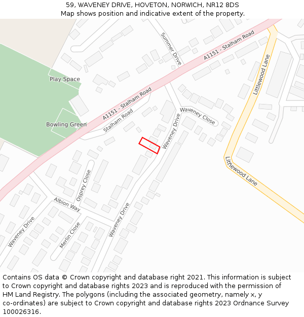 59, WAVENEY DRIVE, HOVETON, NORWICH, NR12 8DS: Location map and indicative extent of plot