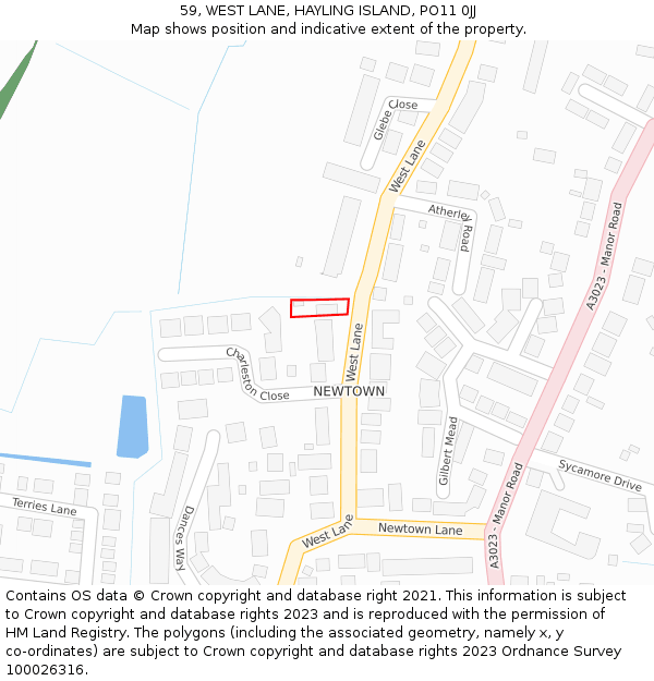 59, WEST LANE, HAYLING ISLAND, PO11 0JJ: Location map and indicative extent of plot