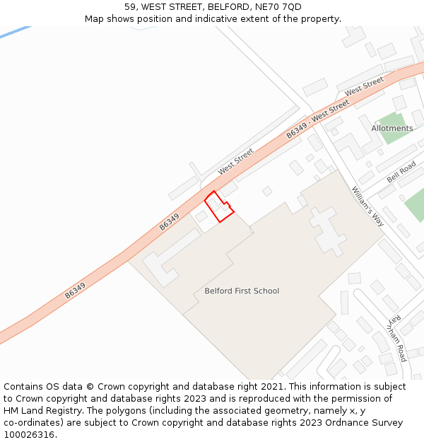 59, WEST STREET, BELFORD, NE70 7QD: Location map and indicative extent of plot