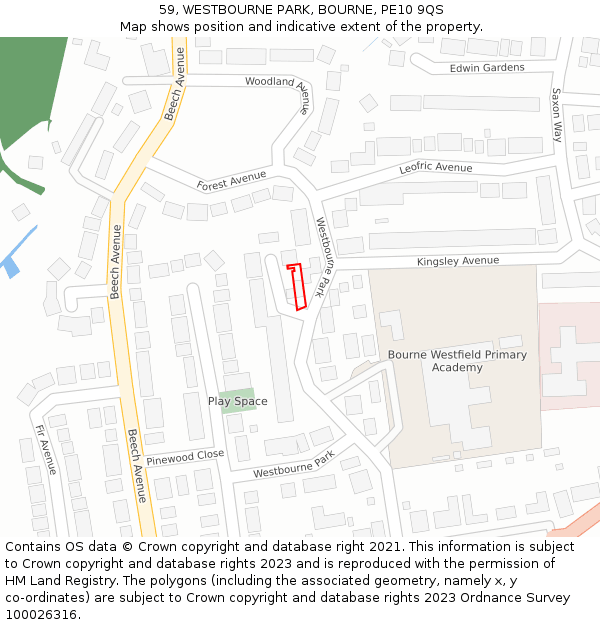 59, WESTBOURNE PARK, BOURNE, PE10 9QS: Location map and indicative extent of plot