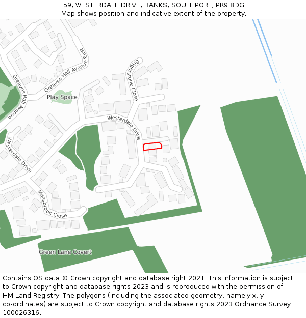 59, WESTERDALE DRIVE, BANKS, SOUTHPORT, PR9 8DG: Location map and indicative extent of plot