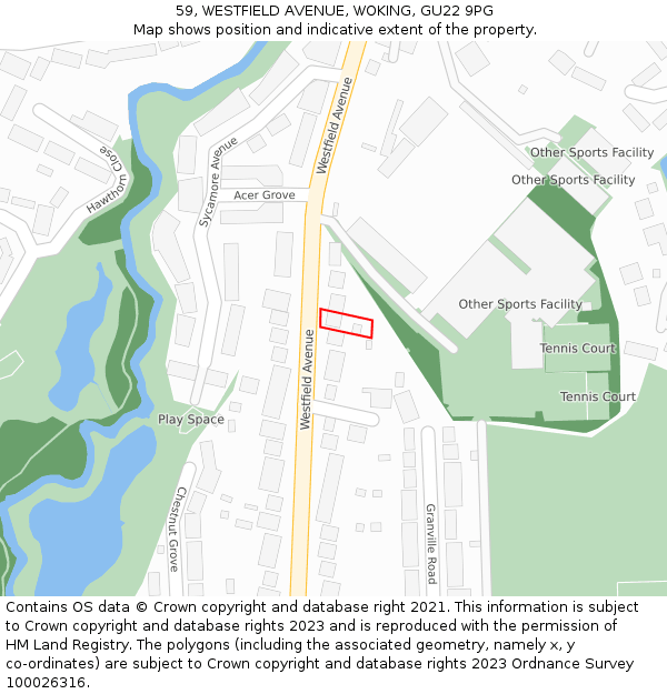 59, WESTFIELD AVENUE, WOKING, GU22 9PG: Location map and indicative extent of plot