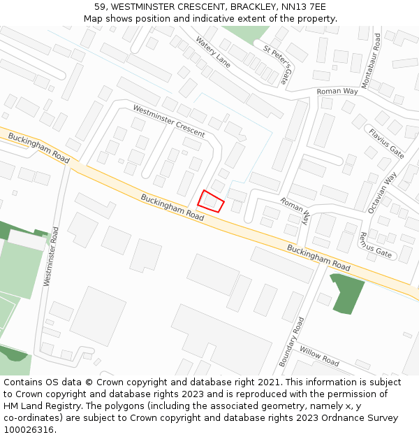 59, WESTMINSTER CRESCENT, BRACKLEY, NN13 7EE: Location map and indicative extent of plot