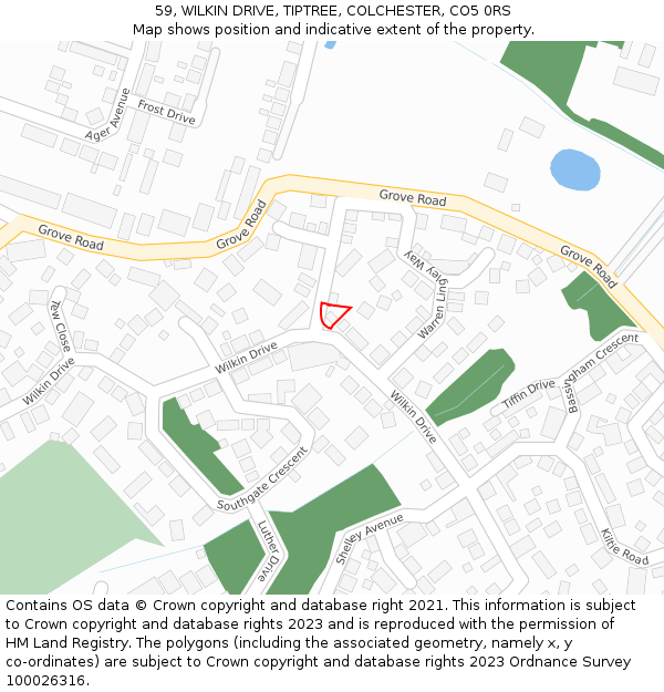59, WILKIN DRIVE, TIPTREE, COLCHESTER, CO5 0RS: Location map and indicative extent of plot