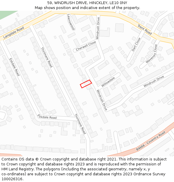 59, WINDRUSH DRIVE, HINCKLEY, LE10 0NY: Location map and indicative extent of plot