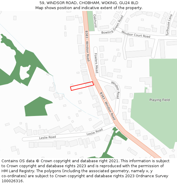 59, WINDSOR ROAD, CHOBHAM, WOKING, GU24 8LD: Location map and indicative extent of plot