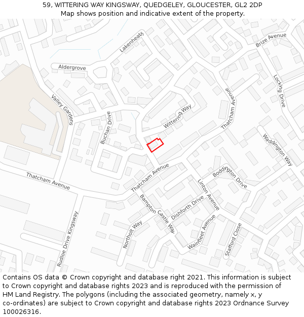 59, WITTERING WAY KINGSWAY, QUEDGELEY, GLOUCESTER, GL2 2DP: Location map and indicative extent of plot