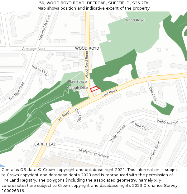 59, WOOD ROYD ROAD, DEEPCAR, SHEFFIELD, S36 2TA: Location map and indicative extent of plot