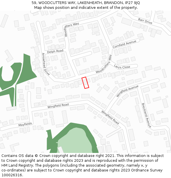 59, WOODCUTTERS WAY, LAKENHEATH, BRANDON, IP27 9JQ: Location map and indicative extent of plot