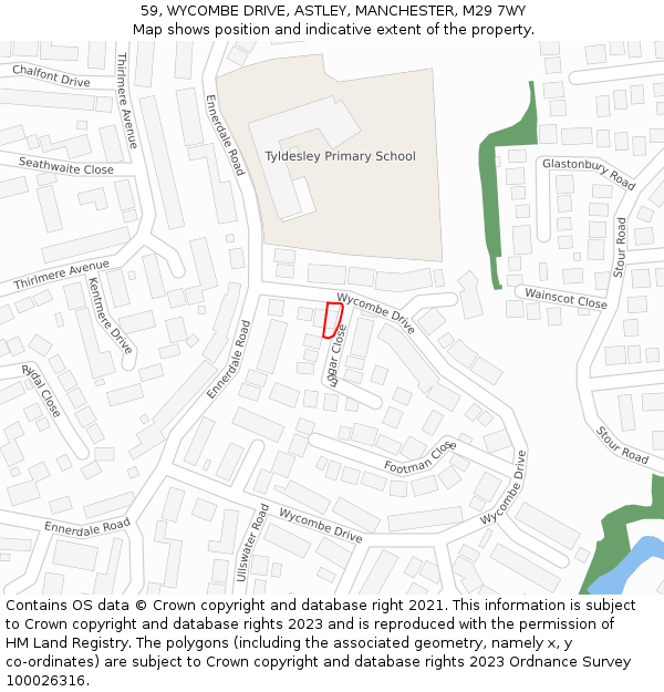 59, WYCOMBE DRIVE, ASTLEY, MANCHESTER, M29 7WY: Location map and indicative extent of plot