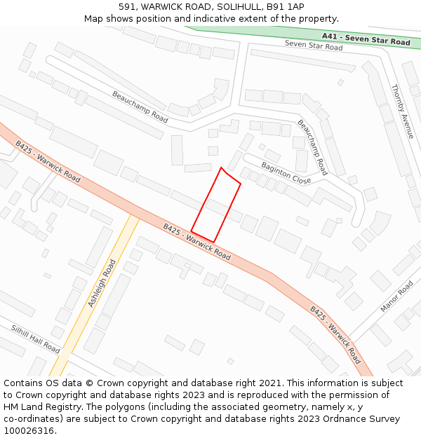 591, WARWICK ROAD, SOLIHULL, B91 1AP: Location map and indicative extent of plot