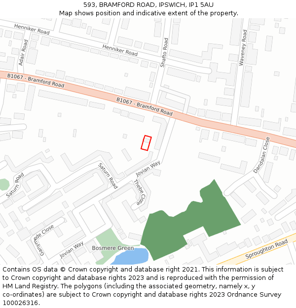 593, BRAMFORD ROAD, IPSWICH, IP1 5AU: Location map and indicative extent of plot