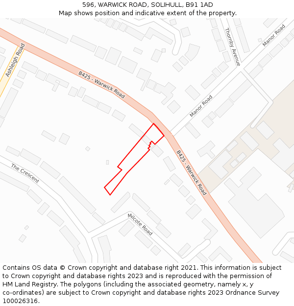 596, WARWICK ROAD, SOLIHULL, B91 1AD: Location map and indicative extent of plot