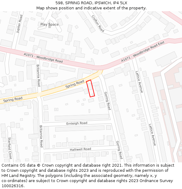 598, SPRING ROAD, IPSWICH, IP4 5LX: Location map and indicative extent of plot