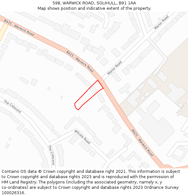 598, WARWICK ROAD, SOLIHULL, B91 1AA: Location map and indicative extent of plot