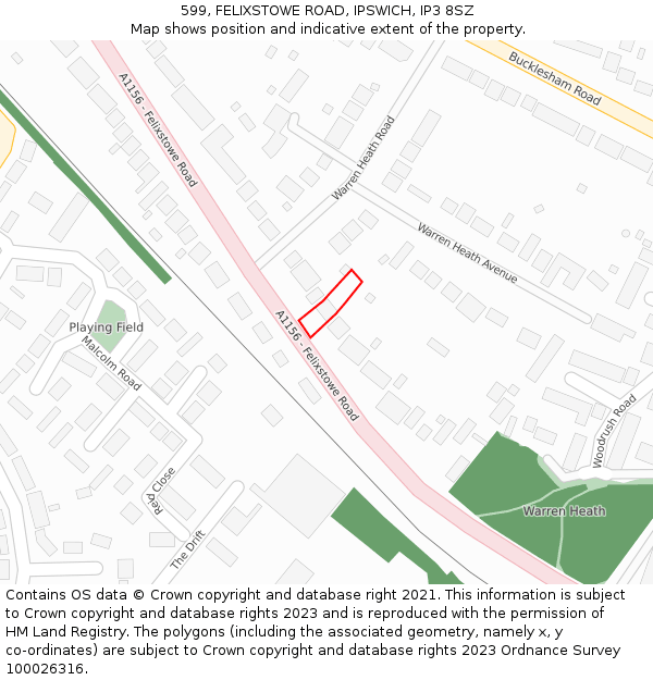 599, FELIXSTOWE ROAD, IPSWICH, IP3 8SZ: Location map and indicative extent of plot