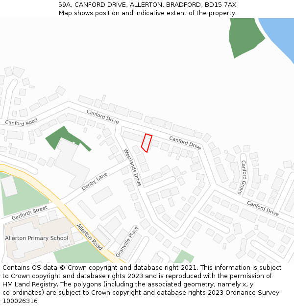 59A, CANFORD DRIVE, ALLERTON, BRADFORD, BD15 7AX: Location map and indicative extent of plot