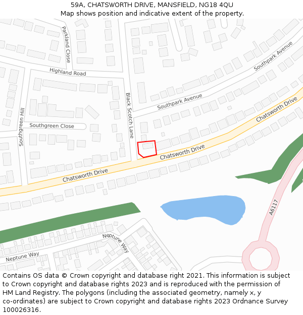 59A, CHATSWORTH DRIVE, MANSFIELD, NG18 4QU: Location map and indicative extent of plot