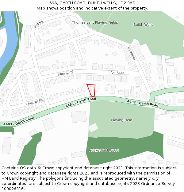 59A, GARTH ROAD, BUILTH WELLS, LD2 3AS: Location map and indicative extent of plot