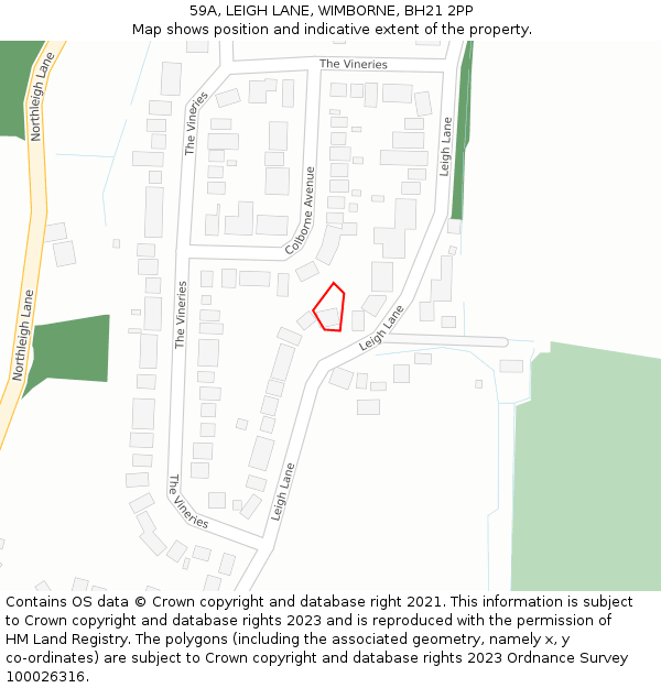 59A, LEIGH LANE, WIMBORNE, BH21 2PP: Location map and indicative extent of plot