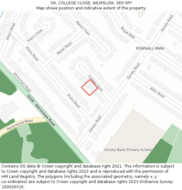 5A, COLLEGE CLOSE, WILMSLOW, SK9 5PY: Location map and indicative extent of plot