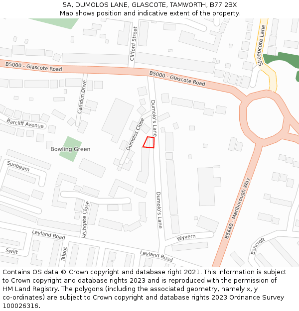 5A, DUMOLOS LANE, GLASCOTE, TAMWORTH, B77 2BX: Location map and indicative extent of plot