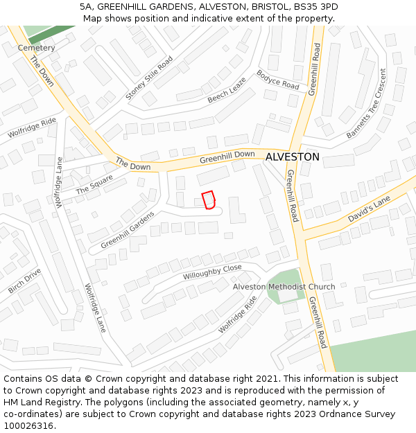 5A, GREENHILL GARDENS, ALVESTON, BRISTOL, BS35 3PD: Location map and indicative extent of plot