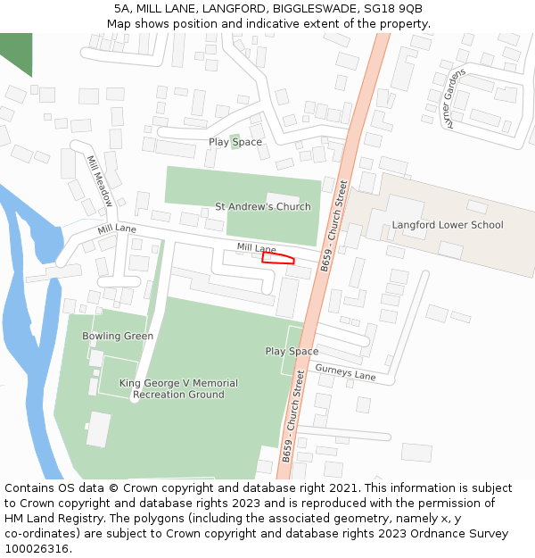 5A, MILL LANE, LANGFORD, BIGGLESWADE, SG18 9QB: Location map and indicative extent of plot