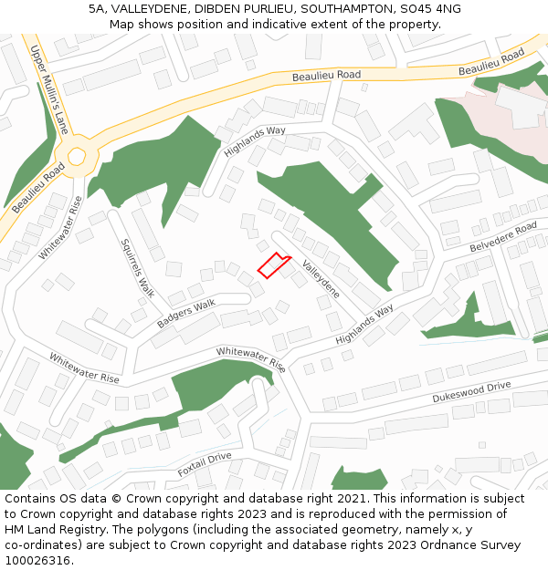 5A, VALLEYDENE, DIBDEN PURLIEU, SOUTHAMPTON, SO45 4NG: Location map and indicative extent of plot