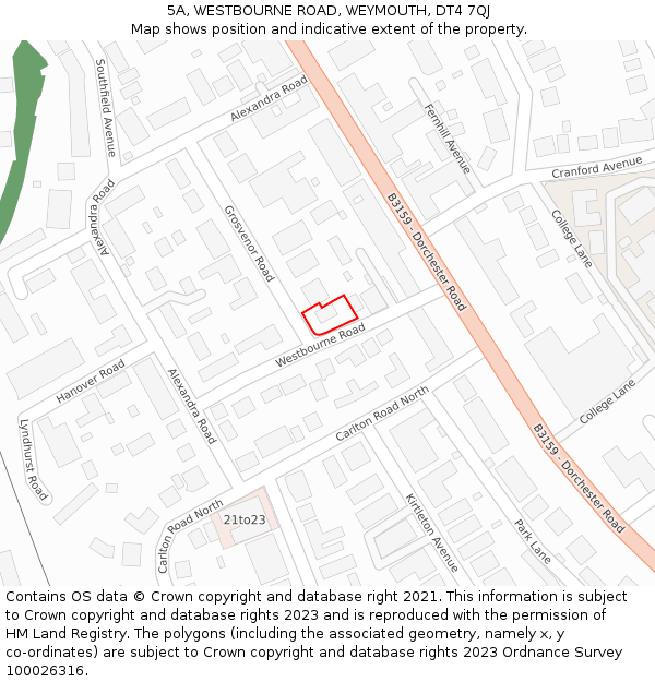 5A, WESTBOURNE ROAD, WEYMOUTH, DT4 7QJ: Location map and indicative extent of plot