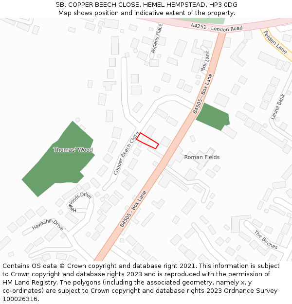 5B, COPPER BEECH CLOSE, HEMEL HEMPSTEAD, HP3 0DG: Location map and indicative extent of plot