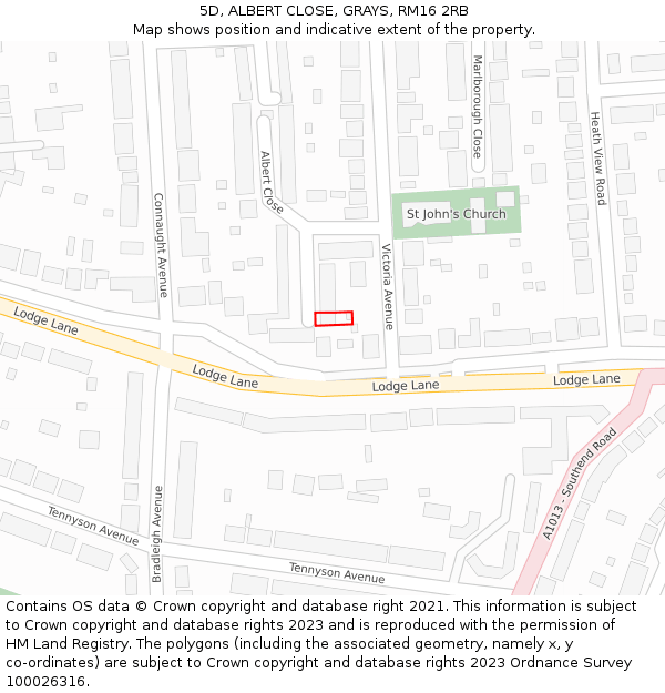 5D, ALBERT CLOSE, GRAYS, RM16 2RB: Location map and indicative extent of plot