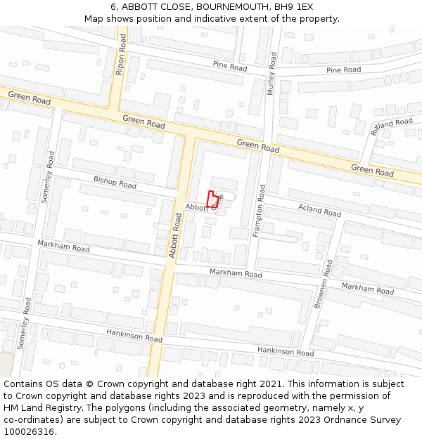 6, ABBOTT CLOSE, BOURNEMOUTH, BH9 1EX: Location map and indicative extent of plot