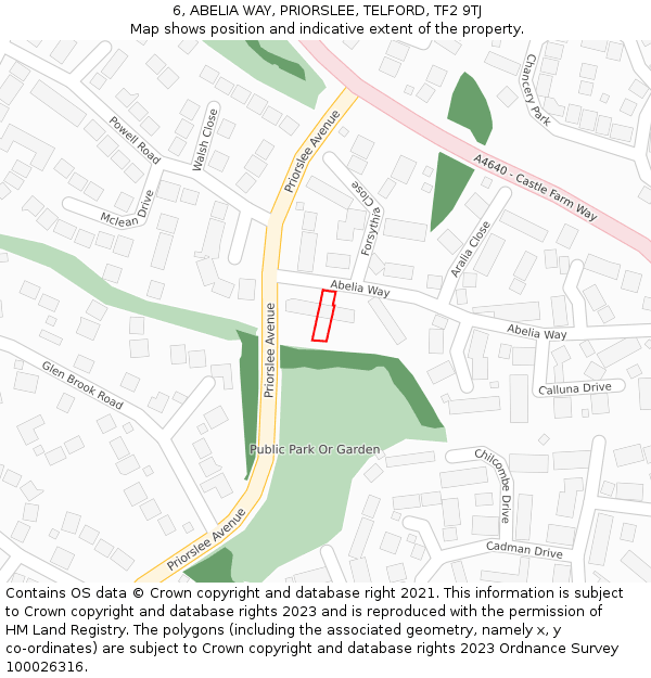 6, ABELIA WAY, PRIORSLEE, TELFORD, TF2 9TJ: Location map and indicative extent of plot