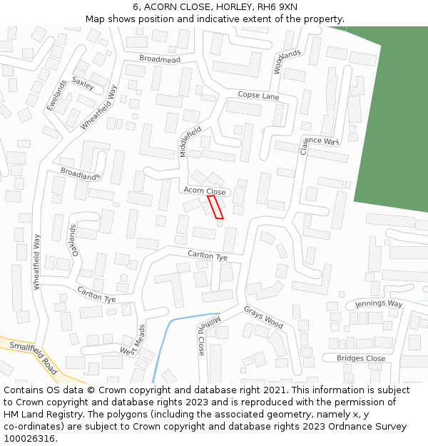 6, ACORN CLOSE, HORLEY, RH6 9XN: Location map and indicative extent of plot