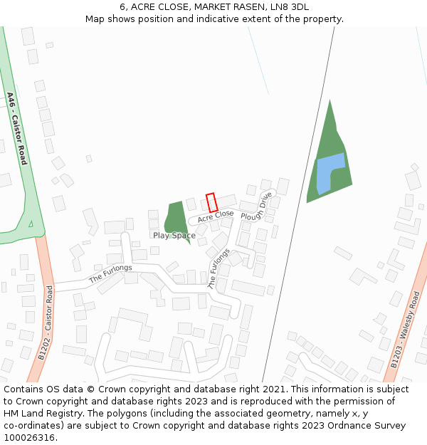 6, ACRE CLOSE, MARKET RASEN, LN8 3DL: Location map and indicative extent of plot