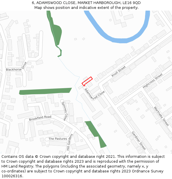 6, ADAMSWOOD CLOSE, MARKET HARBOROUGH, LE16 9QD: Location map and indicative extent of plot