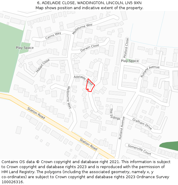 6, ADELAIDE CLOSE, WADDINGTON, LINCOLN, LN5 9XN: Location map and indicative extent of plot
