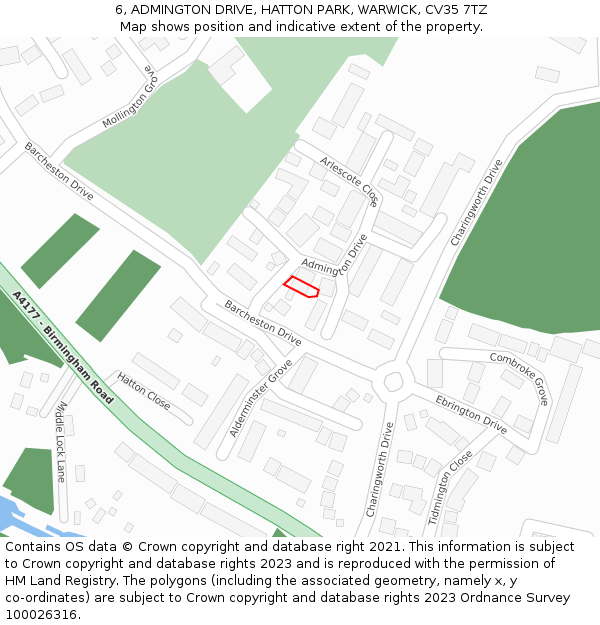 6, ADMINGTON DRIVE, HATTON PARK, WARWICK, CV35 7TZ: Location map and indicative extent of plot