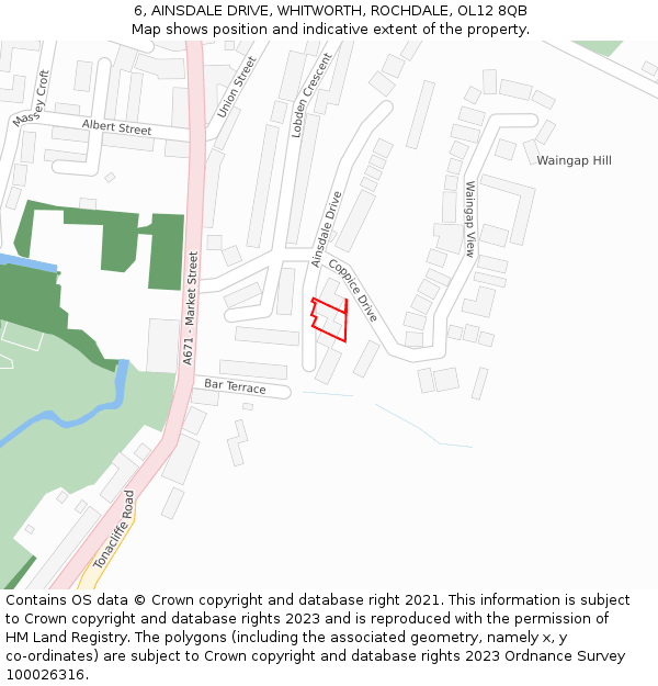 6, AINSDALE DRIVE, WHITWORTH, ROCHDALE, OL12 8QB: Location map and indicative extent of plot