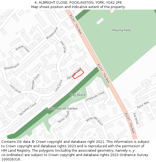 6, ALBRIGHT CLOSE, POCKLINGTON, YORK, YO42 2PE: Location map and indicative extent of plot