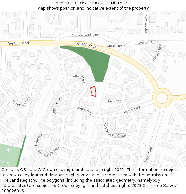 6, ALDER CLOSE, BROUGH, HU15 1ST: Location map and indicative extent of plot