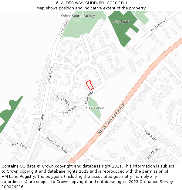 6, ALDER WAY, SUDBURY, CO10 1BH: Location map and indicative extent of plot