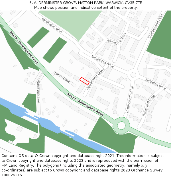 6, ALDERMINSTER GROVE, HATTON PARK, WARWICK, CV35 7TB: Location map and indicative extent of plot