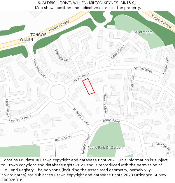 6, ALDRICH DRIVE, WILLEN, MILTON KEYNES, MK15 9JH: Location map and indicative extent of plot