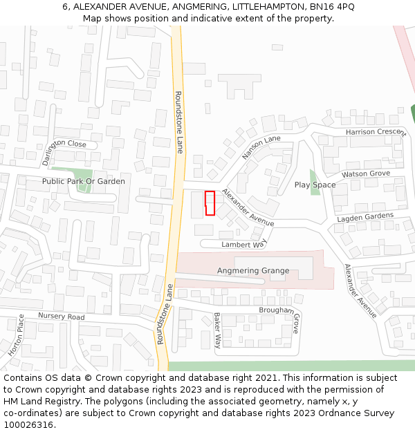 6, ALEXANDER AVENUE, ANGMERING, LITTLEHAMPTON, BN16 4PQ: Location map and indicative extent of plot