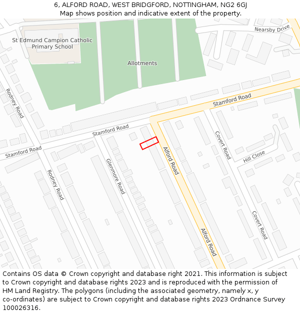 6, ALFORD ROAD, WEST BRIDGFORD, NOTTINGHAM, NG2 6GJ: Location map and indicative extent of plot