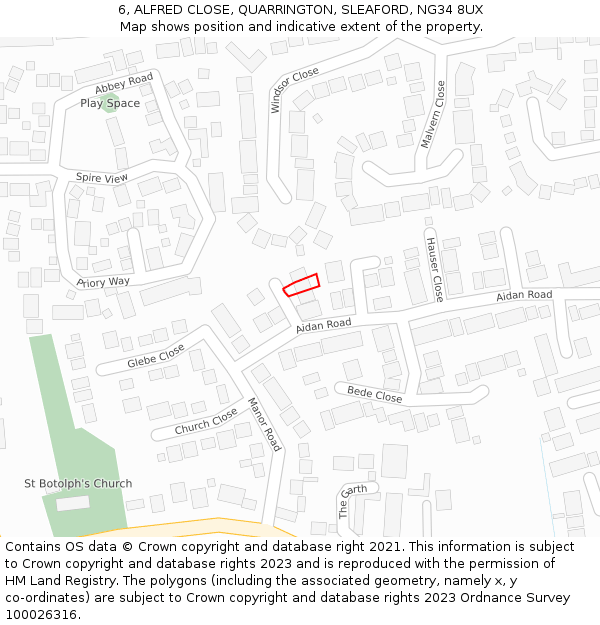 6, ALFRED CLOSE, QUARRINGTON, SLEAFORD, NG34 8UX: Location map and indicative extent of plot