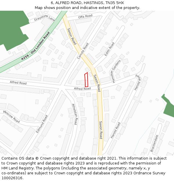 6, ALFRED ROAD, HASTINGS, TN35 5HX: Location map and indicative extent of plot